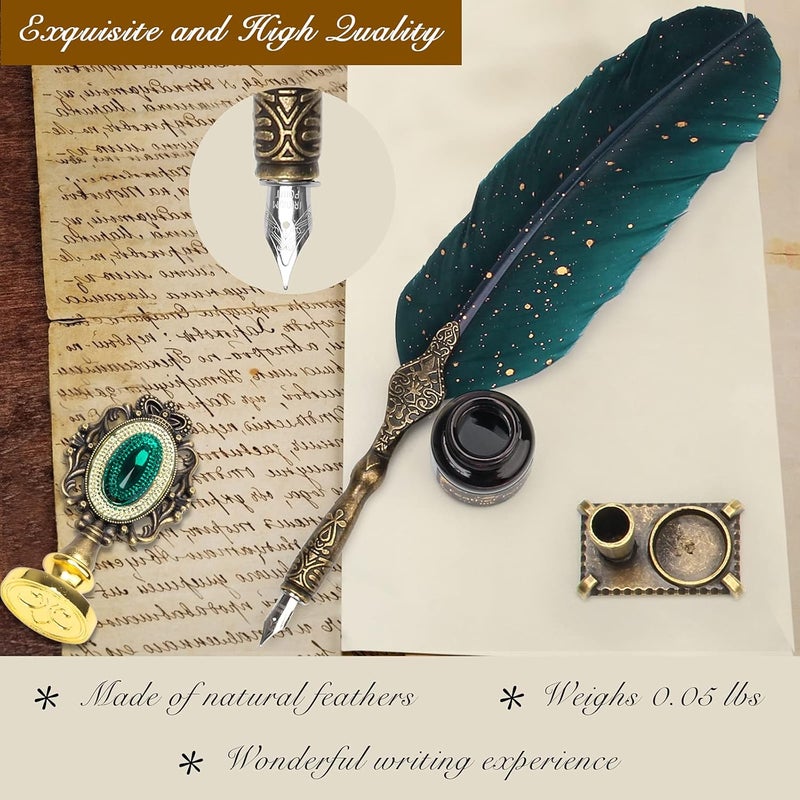 Anglekai Quill Pen and Ink Set, Calligraphy Feather Pen Set with Wax Seal Stamp, Ink, Replacement Nibs, Spoon, Envelope Letter Paper, White Wax, Antique Quills (Green) - Image 3